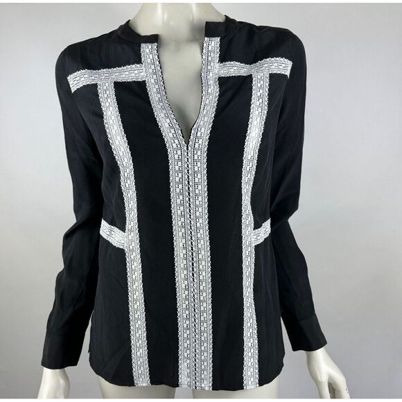 BCBGMaxAzria Tops - BCBGMaxazria Maggie Washable Silk Lace Blouse Women XXS NWT Long Sleeve BlackTop